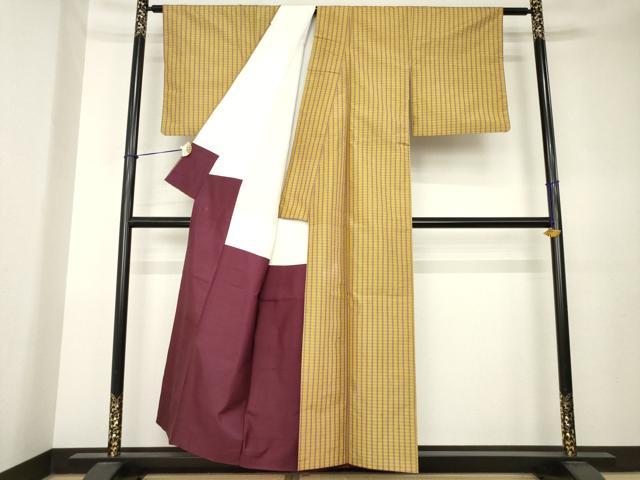 平和屋着物●黄八丈 紬 平織 格子 正絹 逸品 AABK7367ck