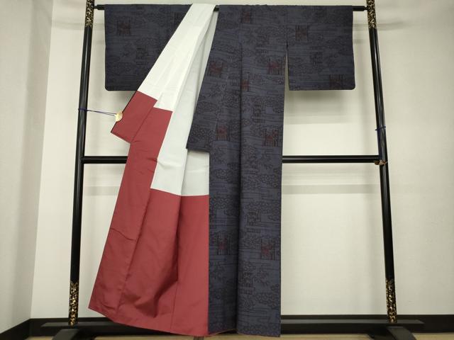 平和屋着物▼結城紬 100亀甲 エ霞吉祥文 正絹 逸品 AABK7371ck