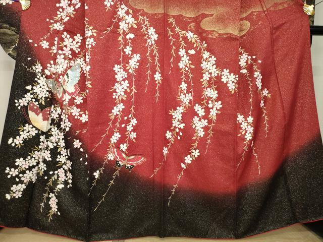 平和屋着物●森英恵・HANAE MORI 振袖 花蝶文 暈し染め 金彩 金通し地 正絹 逸品 AABK7374ck