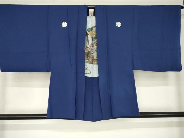 平和屋着物●男性 色紋付・羽織セット 青褐色 正絹 逸品 AABK7415ck