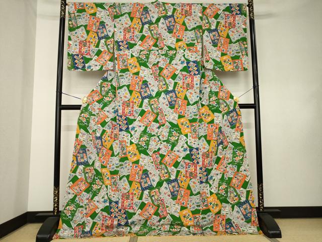 平和屋着物●上質な小紋 型染め 日本昔話 ロング丈 正絹 逸品 AABK7440ck
