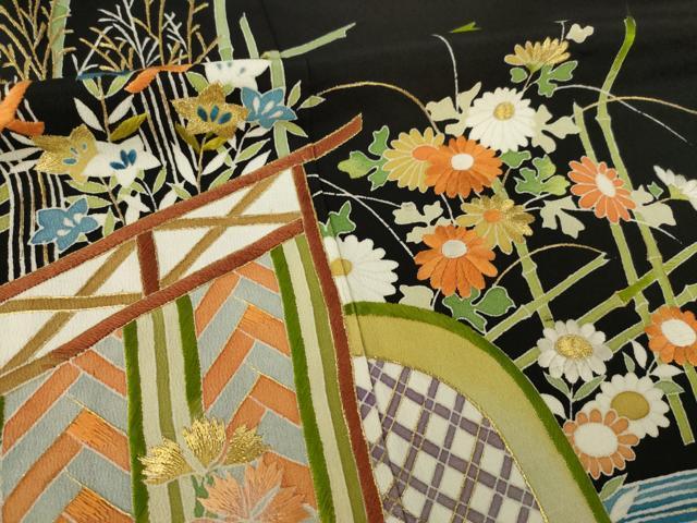 平和屋着物●野口真造 大彦二代目 江戸染繍友禅 黒留袖 刺繍 流水風景花文 金糸 正絹 逸品 AABK7442ck