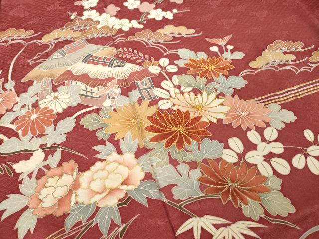 平和屋着物●創業460年・千總 訪問着 駒刺繍 流水風景花文 金彩 三越扱い 正絹 逸品 AABK7444ck