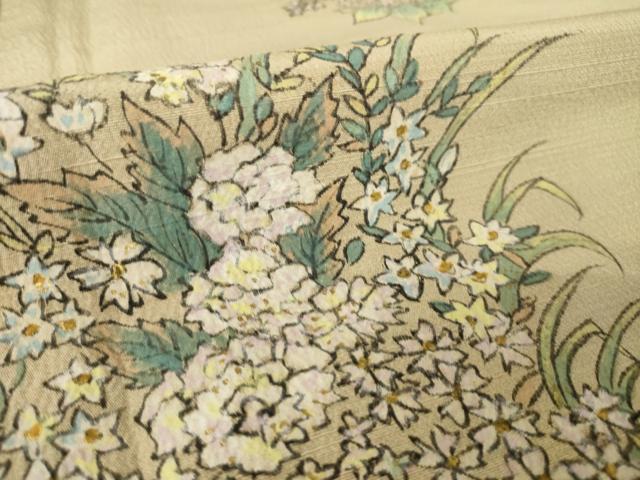 平和屋着物●訪問着 紬地 手描き 草花文 金彩 正絹 逸品 AABK7467ck