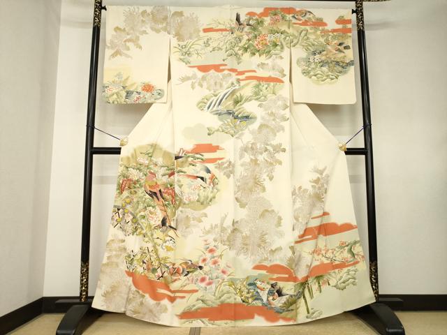 平和屋着物●訪問着 刺繍 雉 花鳥文 金糸 金彩 正絹 逸品 AABK7470ck