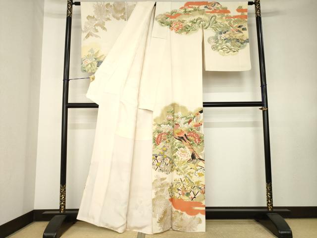 平和屋着物●訪問着 刺繍 雉 花鳥文 金糸 金彩 正絹 逸品 AABK7470ck