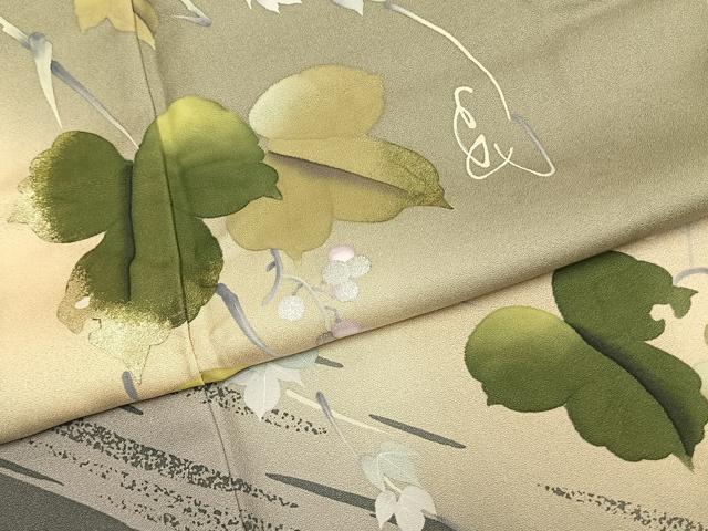 平和屋着物●染色作家 津室朱光 訪問着 葡萄蔦の葉文 暈し染め 金銀彩 正絹 逸品 未使用 AABK7518fy