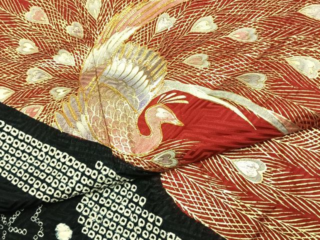 平和屋着物●豪華振袖 絞り 駒刺繍 孔雀花文 金銀彩 正絹 逸品 AABK7572fy