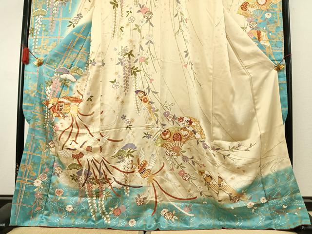 平和屋着物●豪華振袖 駒刺繍 花鳥文 暈し染め 金彩 三越扱い 正絹 逸品 AABK7576fy