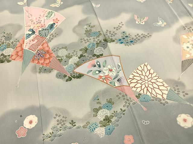 平和屋着物●訪問着 友禅 扇面花蝶文 暈し染め 正絹 逸品 AABK7580fy