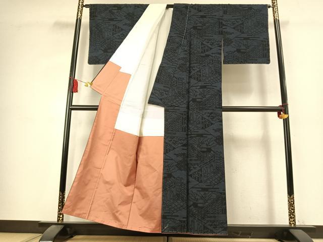 平和屋着物●本場真綿結城紬 100亀甲 風景文 証紙付き 正絹 逸品 未使用 AABK7600fy