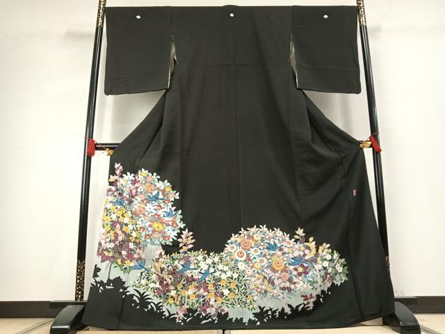平和屋着物●豪華黒留袖 友禅 作家物 花鳥文 正絹 逸品 AABK7604fy