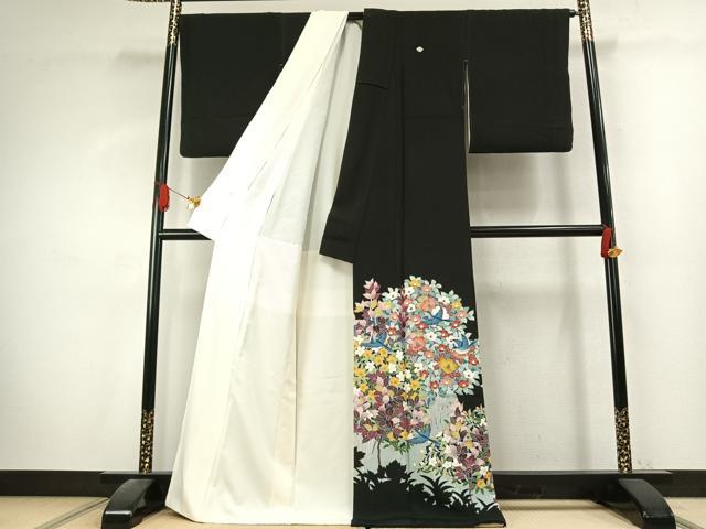 平和屋着物●豪華黒留袖 友禅 作家物 花鳥文 正絹 逸品 AABK7604fy