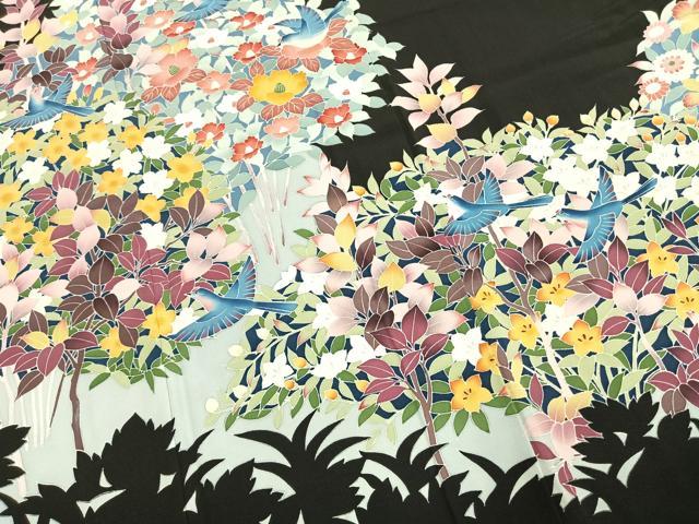 平和屋着物●豪華黒留袖 友禅 作家物 花鳥文 正絹 逸品 AABK7604fy