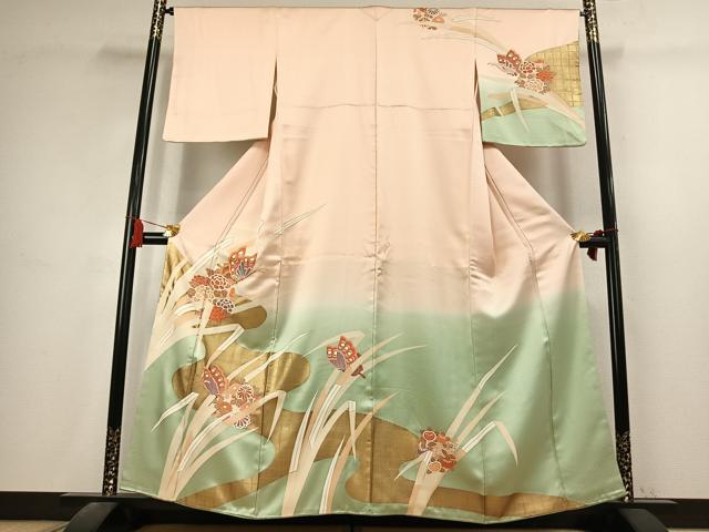 平和屋着物●訪問着 駒刺繍 花蝶文 暈し染め 金糸 金彩 正絹 逸品 AABK7612fy