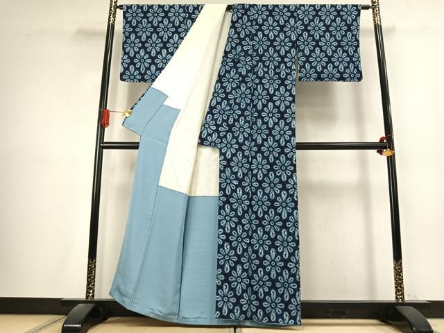 平和屋着物●上質な小紋 総絞り 藍染め 花尽くし 正絹 逸品 未使用 AABK7615fy