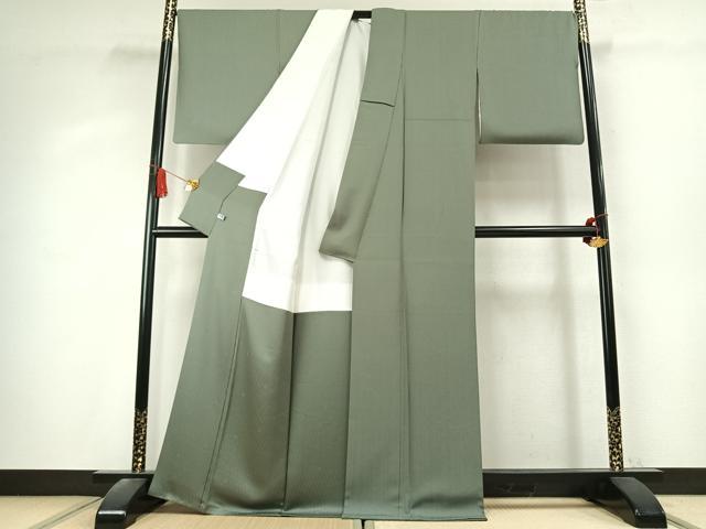 平和屋着物●上質な色無地 作家物 縞地紋 青白橡色 正絹 逸品 AABK7645fy