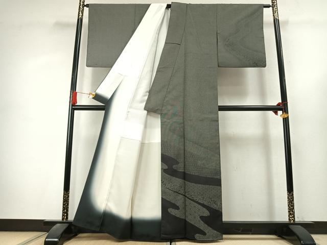 平和屋着物●本塩沢 訪問着 亀甲麻の葉文様 正絹 逸品 AABK7649fy