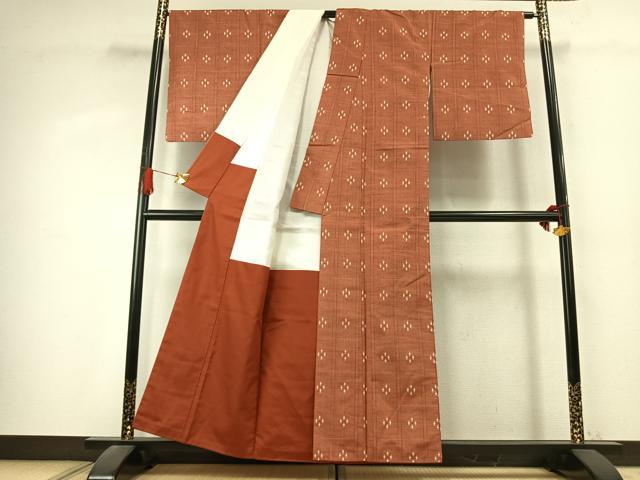 平和屋着物●上質な紬 絣格子文 正絹 逸品 AABK7650fy
