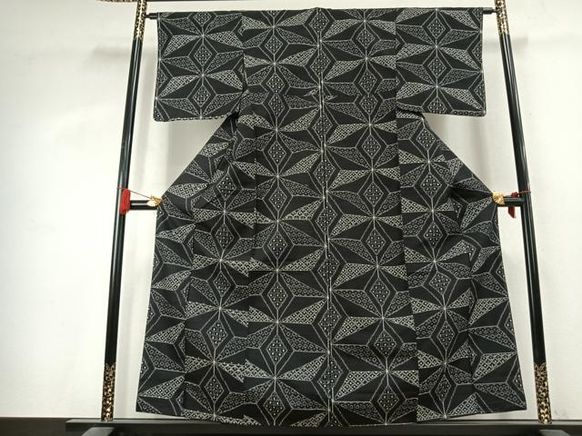 平和屋着物●上質な紬 麻の葉文様 黒地 正絹 逸品 AABK7655fy