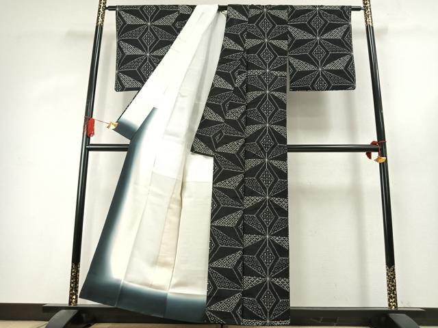 平和屋着物●上質な紬 麻の葉文様 黒地 正絹 逸品 AABK7655fy