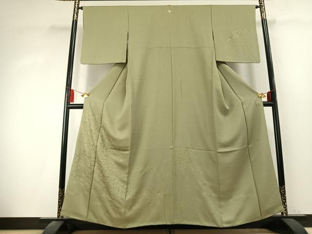 平和屋着物●訪問着 総刺繍 扇面花文 柳茶色 金糸 正絹 逸品 AABK7676fy