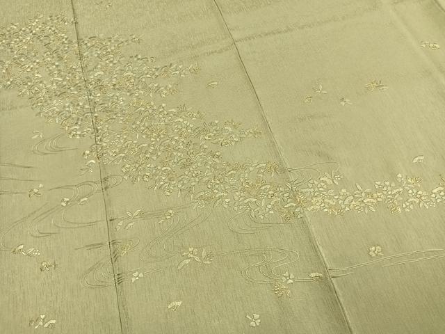 平和屋着物●訪問着 総刺繍 扇面花文 柳茶色 金糸 正絹 逸品 AABK7676fy