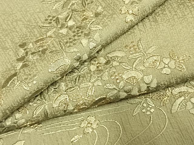 平和屋着物●訪問着 総刺繍 扇面花文 柳茶色 金糸 正絹 逸品 AABK7676fy