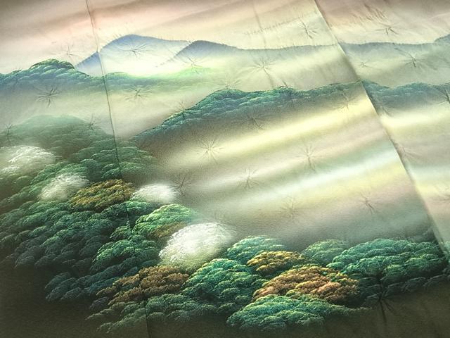 平和屋着物●訪問着 作家物 手描き 絞り 風景文 暈し染め 正絹 逸品 未使用 AABK7678fy