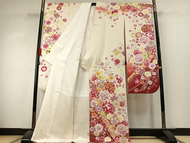 平和屋着物●豪華振袖 刺繍 花蝶文 暈し染め 金糸 金銀彩 銀通し地 正絹 逸品 AABK7704fy