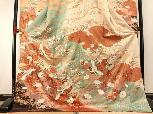 平和屋着物●豪華振袖 駒刺繍 花鳥文 暈し染め 金彩 正絹 逸品 AABK7706fy