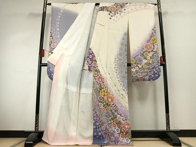 平和屋着物●豪華振袖 駒刺繍 草花文 暈し染め 金彩 正絹 逸品 AABK7715fy