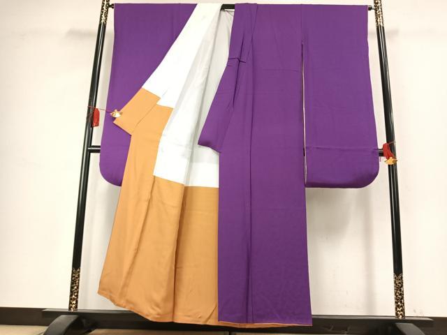 平和屋着物●豪華振袖 色無地 草花地紋 本紫色 正絹 逸品 AABK7723fy