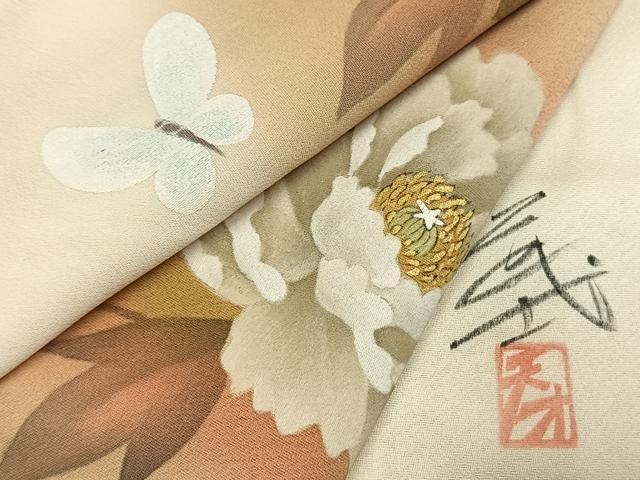 平和屋着物●染色作家 おだに武士 訪問着 手描き 花蝶文 暈し染め 金彩 正絹 逸品 AABK7725fy