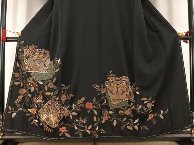 平和屋着物●豪華黒留袖 総刺繍 花鳥文 金糸 正絹 逸品 未使用 AABK7729fy