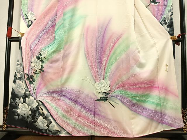 平和屋着物●写真家・秋山庄太郎 振袖 薔薇 暈し染め 銀彩 正絹 逸品 AABK7730fy
