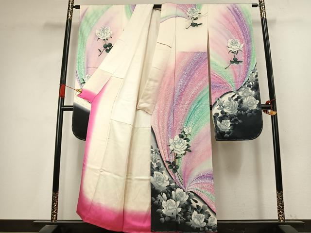 平和屋着物●写真家・秋山庄太郎 振袖 薔薇 暈し染め 銀彩 正絹 逸品 AABK7730fy