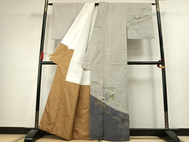 平和屋着物●訪問着 生紬 絞り 草花文 正絹 逸品 AABK7731fy
