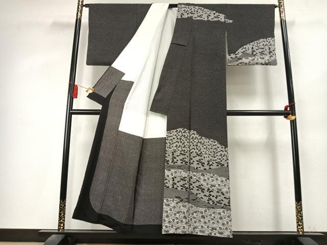 平和屋着物●安田勝彦 訪問着 型染め 草花文 黒地 正絹 逸品 AABK7754fy