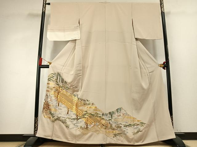平和屋着物●豪華色留袖 総刺繍 駒刺繍 風景文 金糸 浜ちりめん 反端付き 正絹 逸品 未使用 AABK7757fy