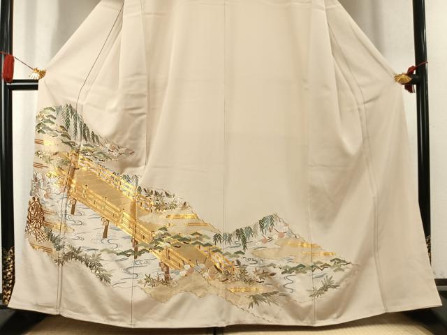 平和屋着物●豪華色留袖 総刺繍 駒刺繍 風景文 金糸 浜ちりめん 反端付き 正絹 逸品 未使用 AABK7757fy