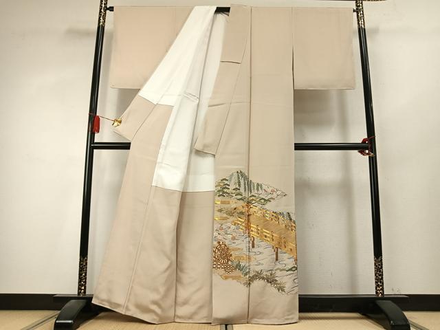 平和屋着物●豪華色留袖 総刺繍 駒刺繍 風景文 金糸 浜ちりめん 反端付き 正絹 逸品 未使用 AABK7757fy