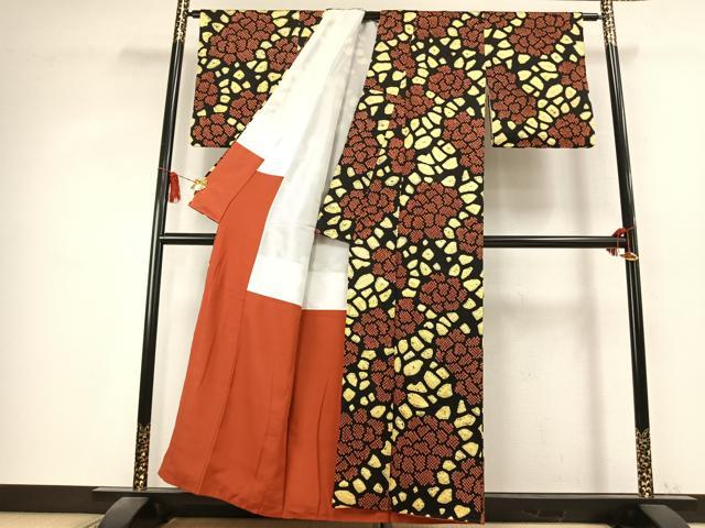 平和屋着物●上質な小紋 総絞り 舞花文 黒地 正絹 逸品 AABK7759fy