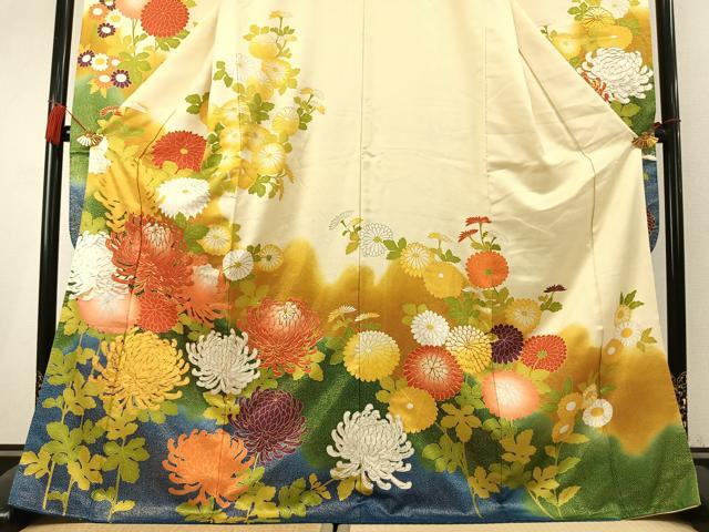 平和屋着物●豪華振袖 駒刺繍 草花文 暈し染め 金彩 正絹 逸品 AABK7784fy