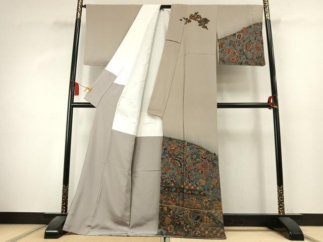 平和屋着物●訪問着 中国三大刺繍 汕頭刺繍 スワトウ刺繍 総刺繍 更紗花鳥文 暈し染め 金糸 鬼しぼ縮緬 ロング丈 正絹 逸品 AABK7806fy