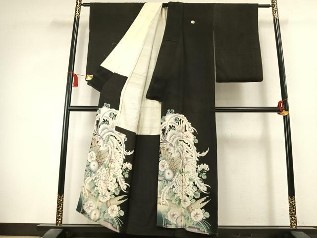 平和屋着物●アンティーク 大正ロマン 黒留袖 刺繍 花鳥文 両褄 暈し染め 銀糸 正絹 逸品 AABK7807fy