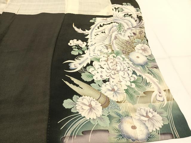 平和屋着物●アンティーク 大正ロマン 黒留袖 刺繍 花鳥文 両褄 暈し染め 銀糸 正絹 逸品 AABK7807fy