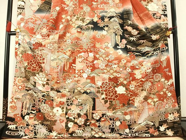 平和屋着物●豪華振袖 駒刺繍 松竹梅 花鳥文 暈し染め 金彩 正絹 逸品 AABK7814fy