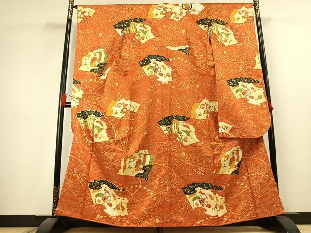 平和屋着物●豪華振袖 駒刺繍 扇面御所車鼓花文 金彩 金通し地 正絹 逸品 AABK7822fy