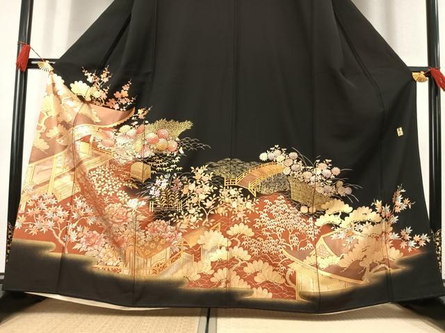 平和屋着物●金彩友禅 卓越技能者・名工・和田光正 黒留袖 松竹梅 風景花文 暈し染め 金銀彩 正絹 逸品 AABK7824fy